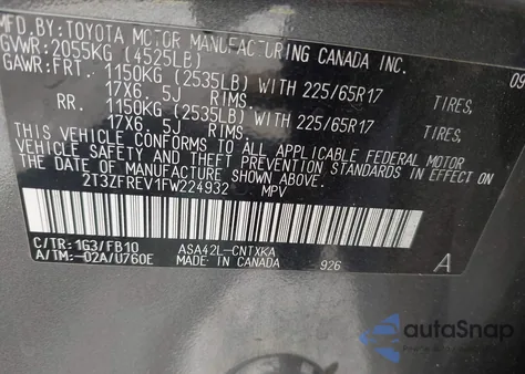 2015 Toyota Rav4 Le from USA, damaged, VIN 2T3ZFREV1FW224932